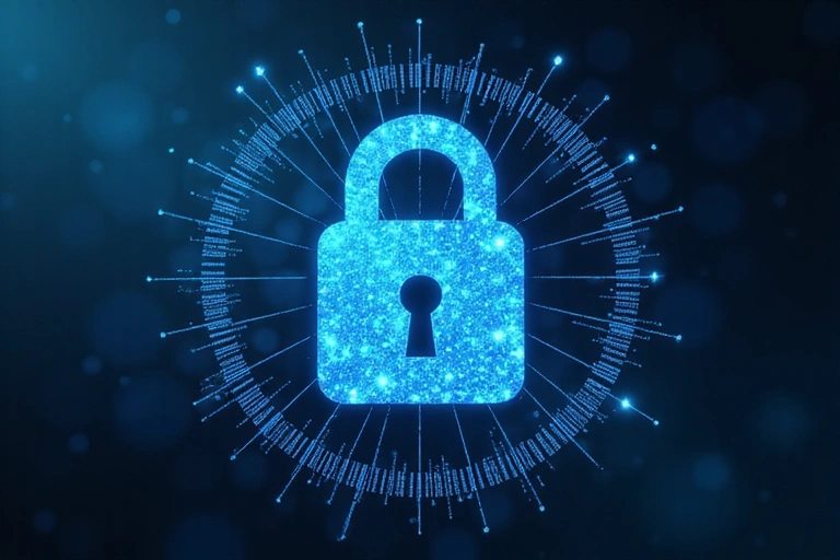 A padlock icon surrounded by digital security elements, representing data protection.