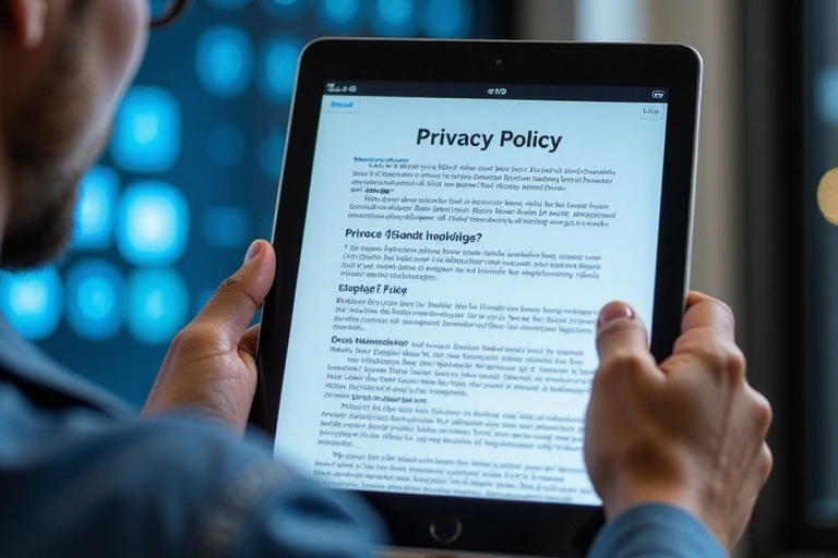 A person reviewing privacy policy documents on a tablet, with blurred background of data security elements.