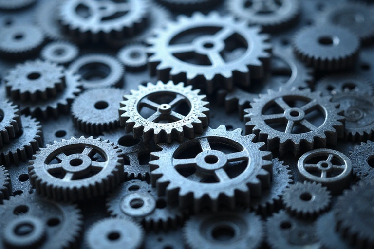 Multiple gears interlocking, symbolizing data processing and integration.